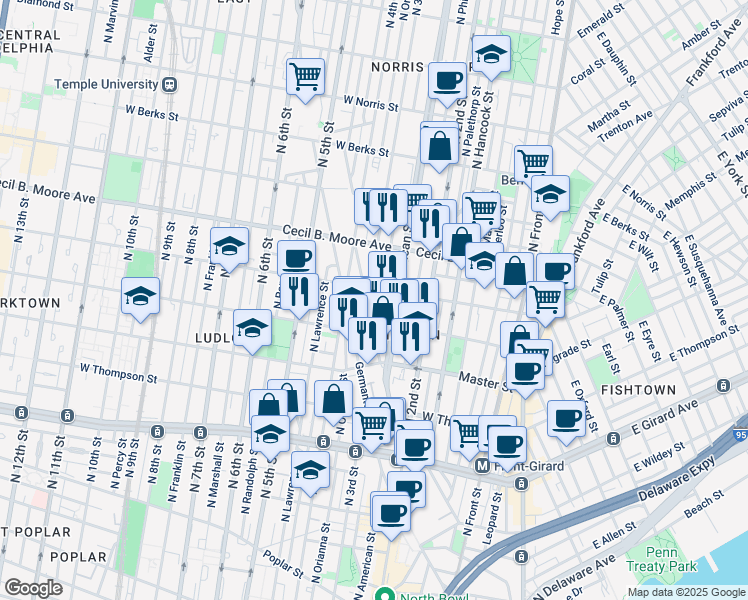 map of restaurants, bars, coffee shops, grocery stores, and more near 266 West Oxford Street in Philadelphia
