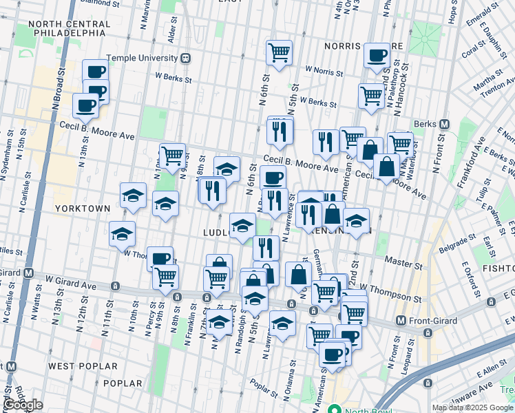 map of restaurants, bars, coffee shops, grocery stores, and more near 1602 North Randolph Street in Philadelphia