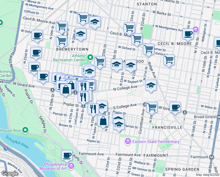 map of restaurants, bars, coffee shops, grocery stores, and more near 2351 North College Avenue in Philadelphia