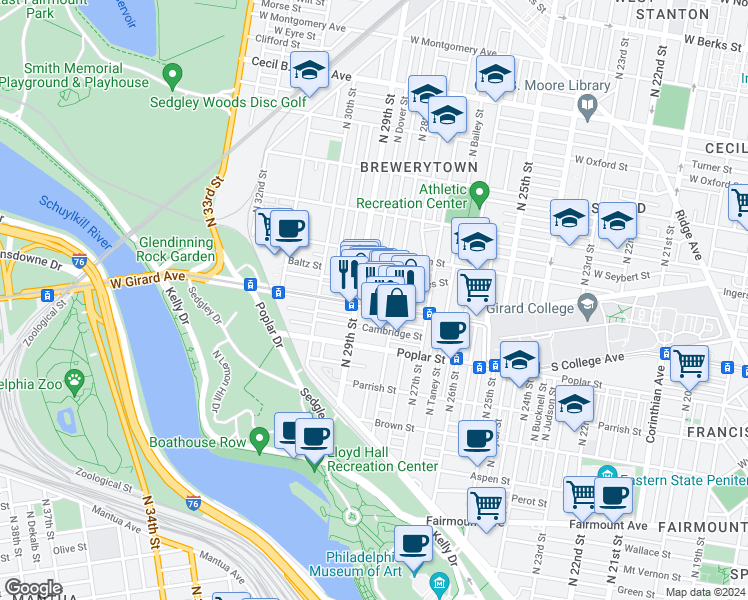 map of restaurants, bars, coffee shops, grocery stores, and more near in Philadelphia