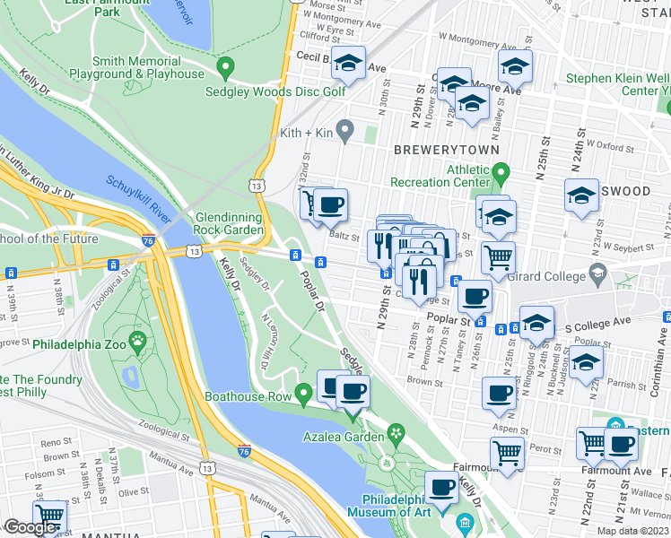map of restaurants, bars, coffee shops, grocery stores, and more near 3029 West Girard Avenue in Philadelphia