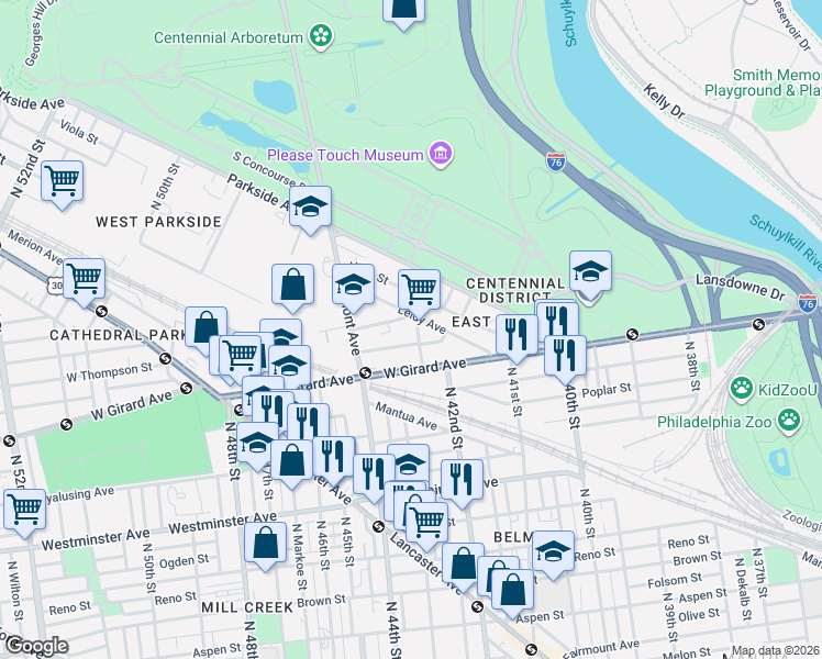 map of restaurants, bars, coffee shops, grocery stores, and more near 4178 Leidy Avenue in Philadelphia