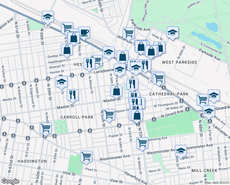 map of restaurants, bars, coffee shops, grocery stores, and more near 1440 North 54th Street in Philadelphia