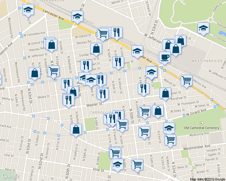 map of restaurants, bars, coffee shops, grocery stores, and more near 5612 Media Street in Philadelphia