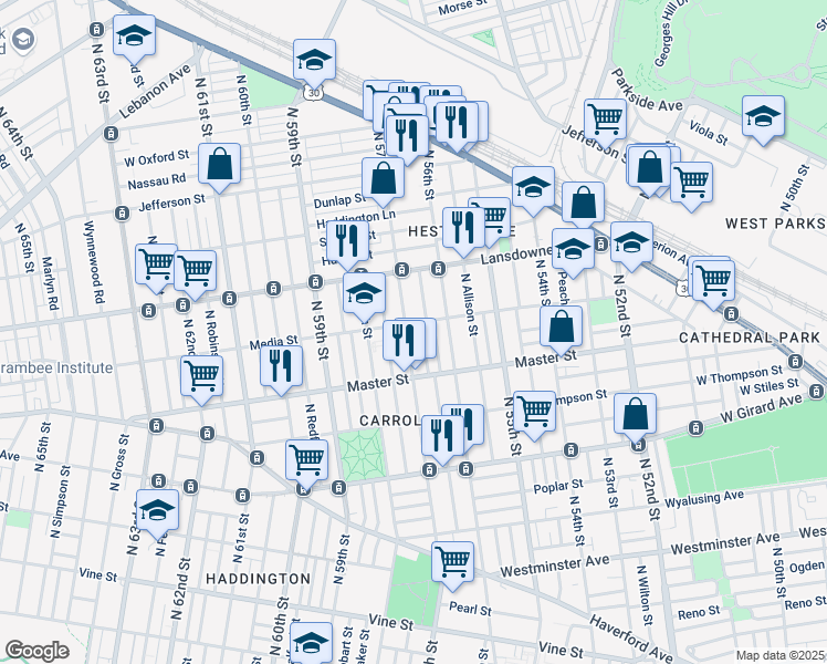 map of restaurants, bars, coffee shops, grocery stores, and more near 5612 Media Street in Philadelphia