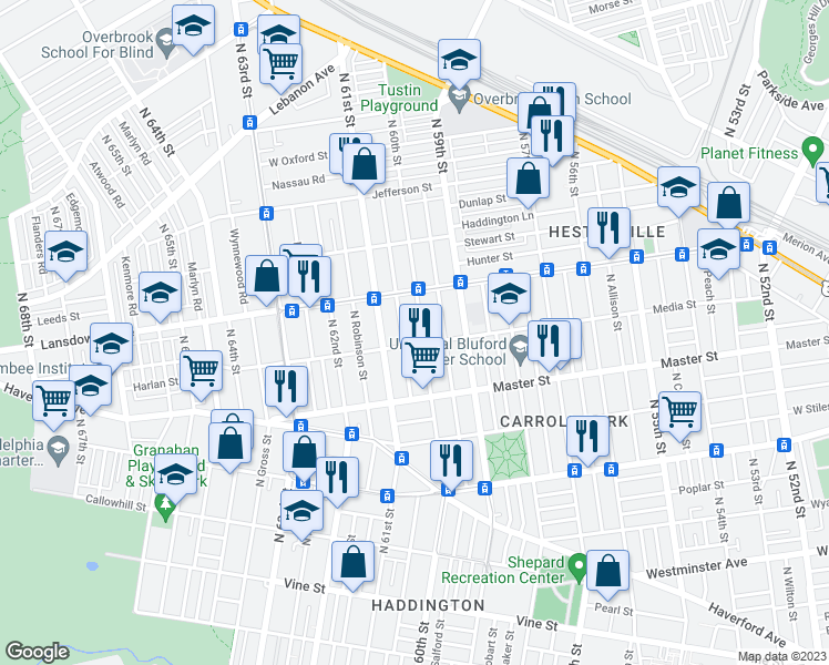 map of restaurants, bars, coffee shops, grocery stores, and more near 1529 North 60th Street in Philadelphia