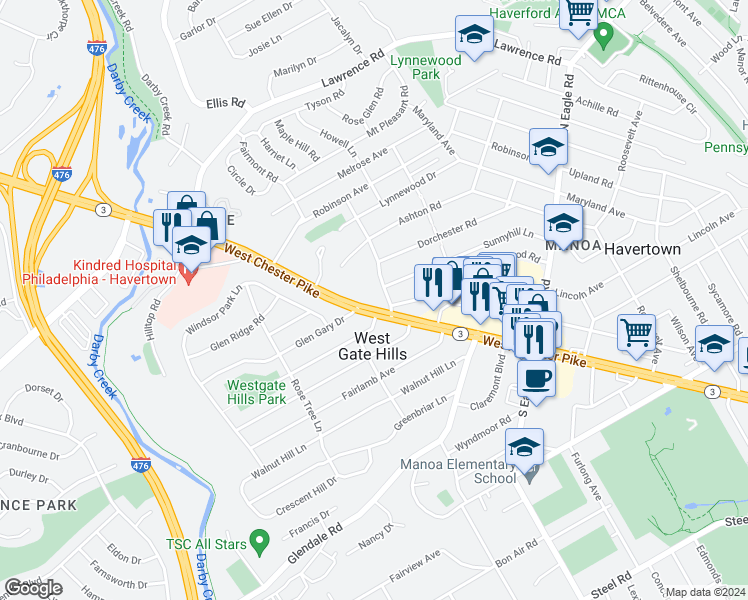 map of restaurants, bars, coffee shops, grocery stores, and more near in Havertown