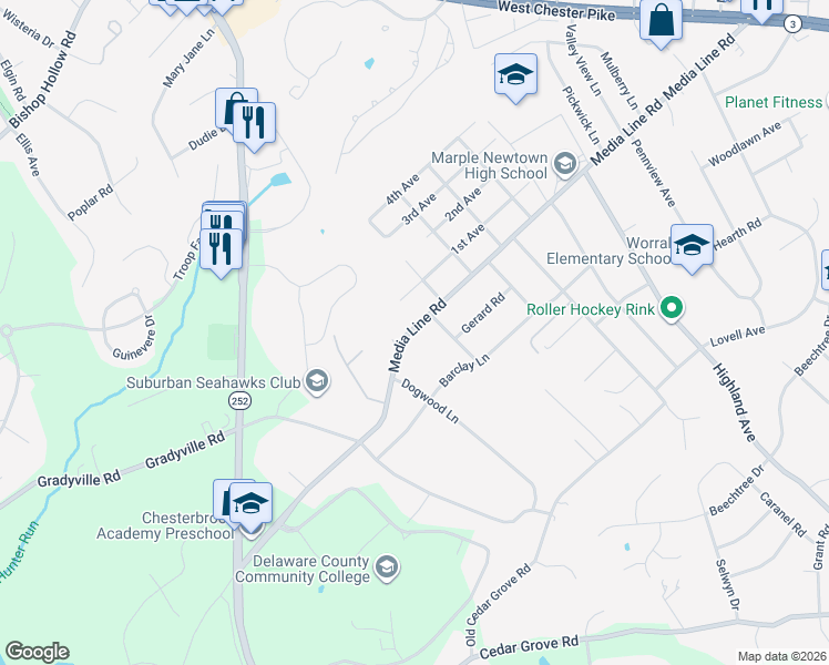 map of restaurants, bars, coffee shops, grocery stores, and more near 518 Media Line Road in Newtown Square