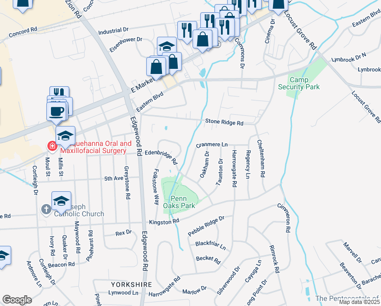 map of restaurants, bars, coffee shops, grocery stores, and more near 3370 Cranmere Lane in York