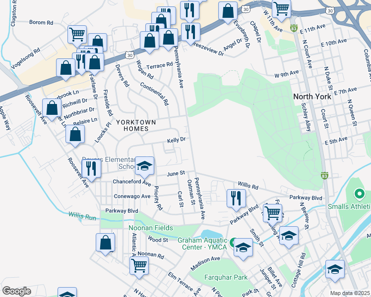 map of restaurants, bars, coffee shops, grocery stores, and more near 712 Kelly Drive in York