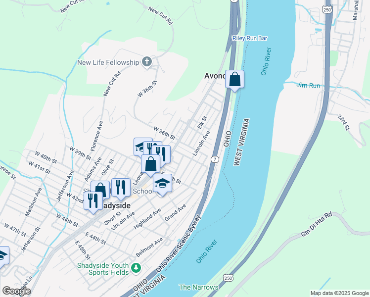 map of restaurants, bars, coffee shops, grocery stores, and more near 3629 Ohio 7 Scn in Shadyside