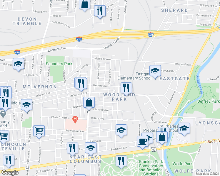 map of restaurants, bars, coffee shops, grocery stores, and more near 1684 Harvard Avenue in Columbus