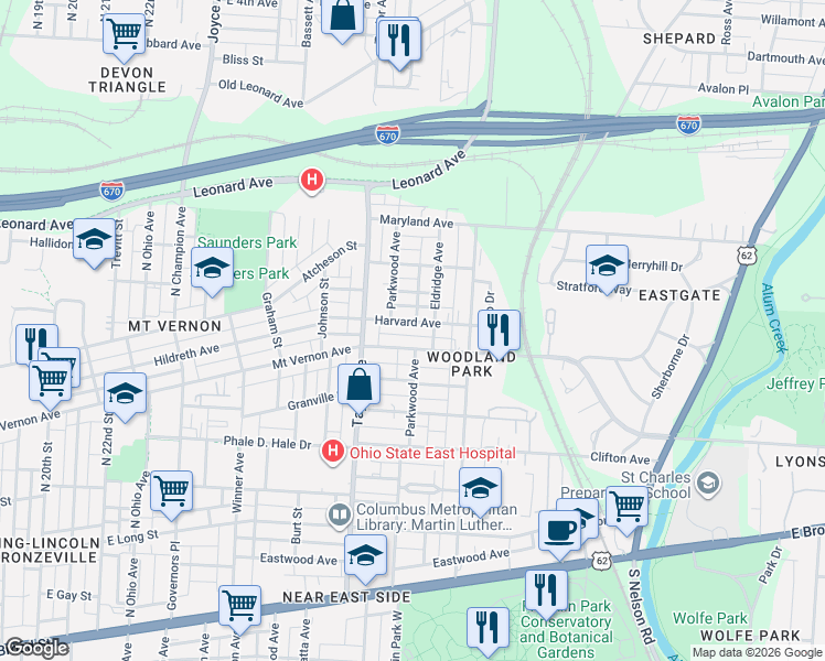 map of restaurants, bars, coffee shops, grocery stores, and more near 1624 Harvard Avenue in Columbus