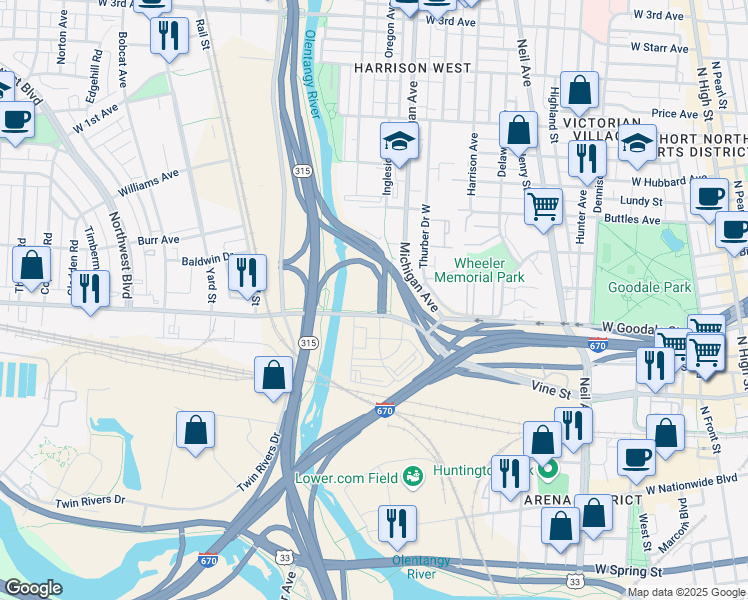 map of restaurants, bars, coffee shops, grocery stores, and more near 582 West Goodale Street in Columbus