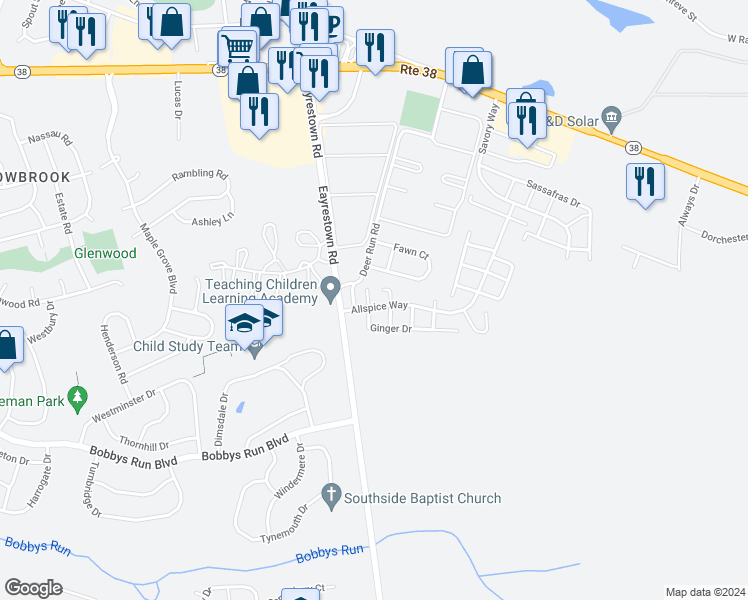map of restaurants, bars, coffee shops, grocery stores, and more near 4 Carob Court in Lumberton