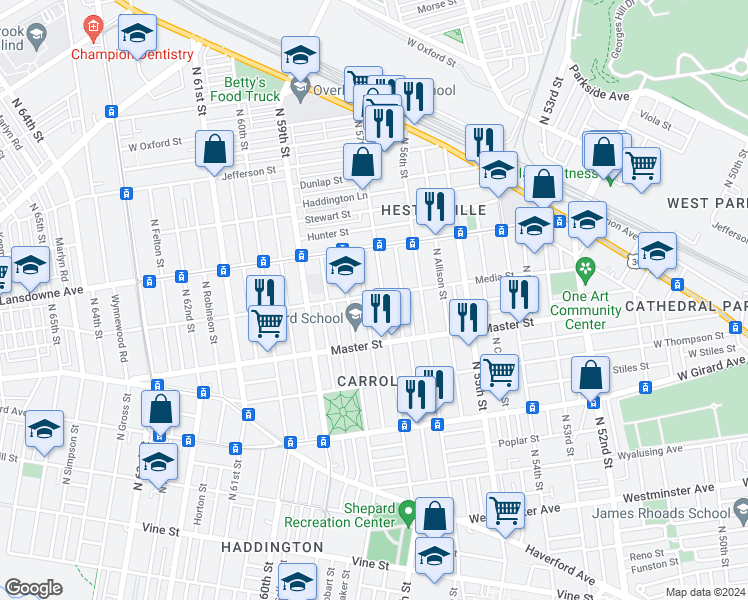 map of restaurants, bars, coffee shops, grocery stores, and more near 5708 Media Street in Philadelphia