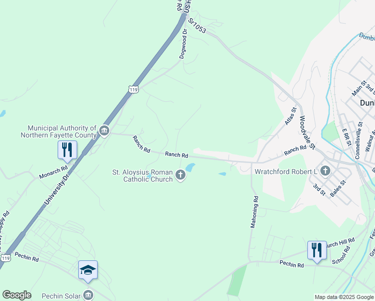 map of restaurants, bars, coffee shops, grocery stores, and more near 474 Ranch Road in Dunbar