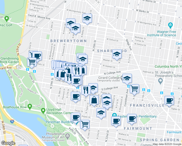 map of restaurants, bars, coffee shops, grocery stores, and more near 1203 North 25th Street in Philadelphia