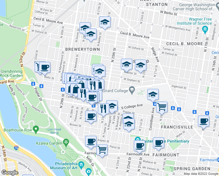 map of restaurants, bars, coffee shops, grocery stores, and more near 1203 North 25th Street in Philadelphia