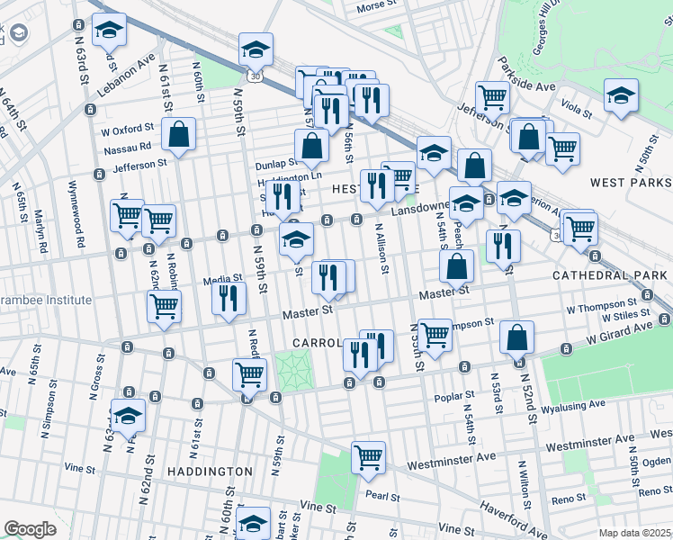 map of restaurants, bars, coffee shops, grocery stores, and more near 5612 Media Street in Philadelphia