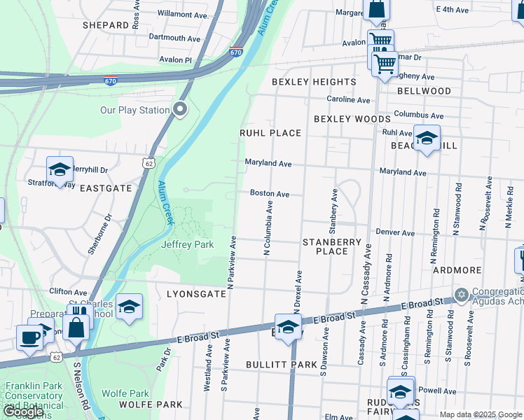 map of restaurants, bars, coffee shops, grocery stores, and more near 271 North Columbia Avenue in Columbus