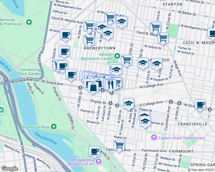 map of restaurants, bars, coffee shops, grocery stores, and more near 1234 North Taney Street in Philadelphia