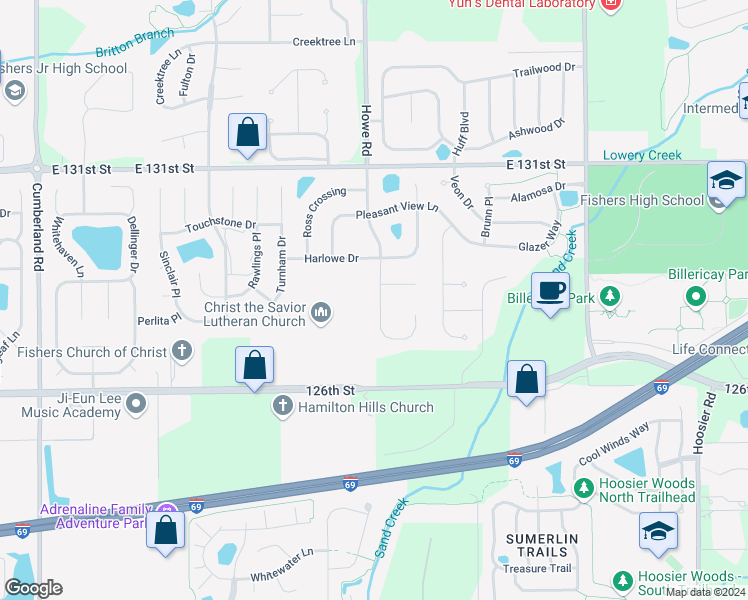 map of restaurants, bars, coffee shops, grocery stores, and more near 12764 Howe Road in Fishers