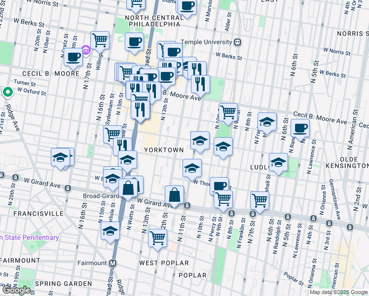 map of restaurants, bars, coffee shops, grocery stores, and more near 1426 Guilford Place in Philadelphia