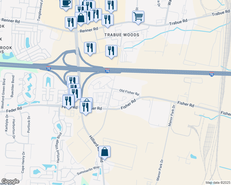 map of restaurants, bars, coffee shops, grocery stores, and more near 1120 Carriage Knoll Lane in Columbus