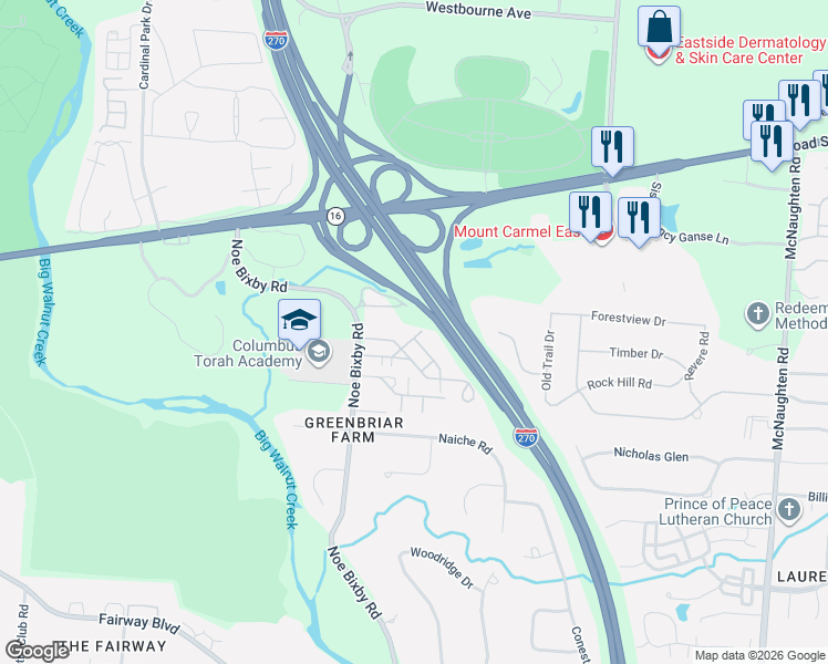 map of restaurants, bars, coffee shops, grocery stores, and more near 121 Flores Place in Columbus