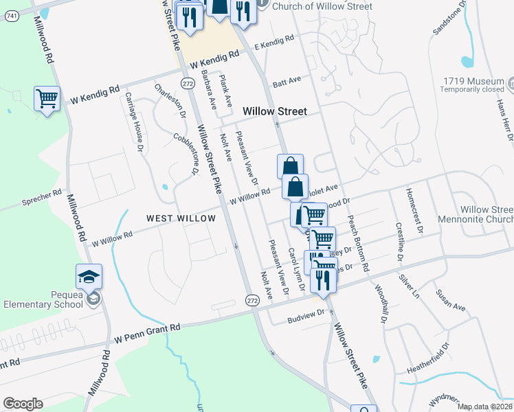 map of restaurants, bars, coffee shops, grocery stores, and more near 306 Pleasant View Drive in Willow Street