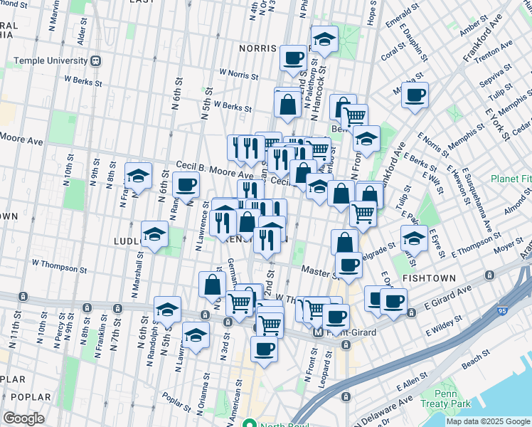 map of restaurants, bars, coffee shops, grocery stores, and more near 222 West Oxford Street in Philadelphia