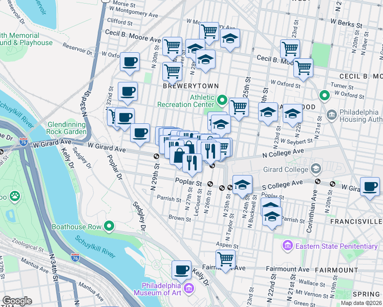 map of restaurants, bars, coffee shops, grocery stores, and more near 1237 North 27th Street in Philadelphia