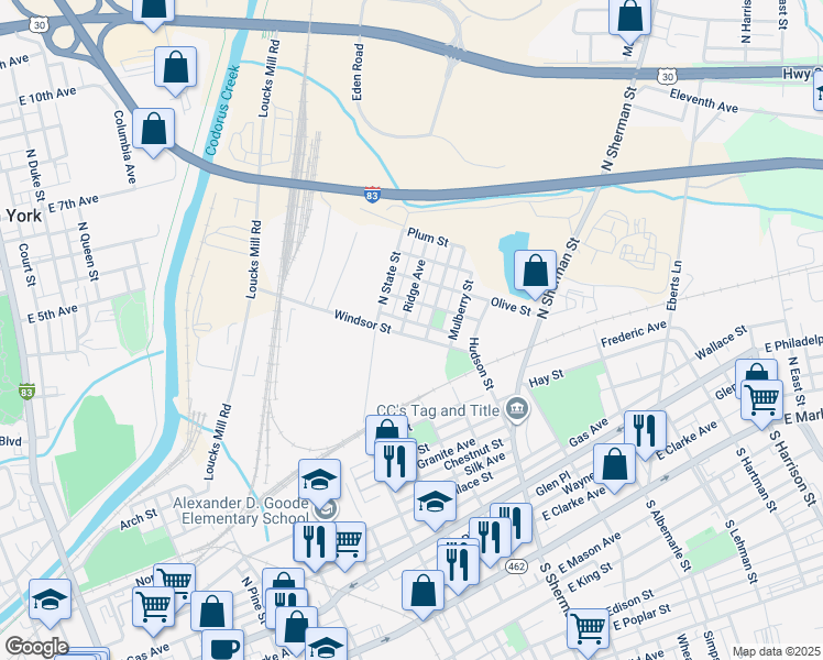 map of restaurants, bars, coffee shops, grocery stores, and more near 657 Windsor Street in York