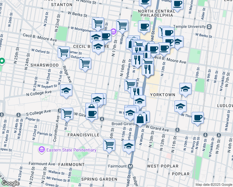 map of restaurants, bars, coffee shops, grocery stores, and more near 1604 Master Street in Philadelphia