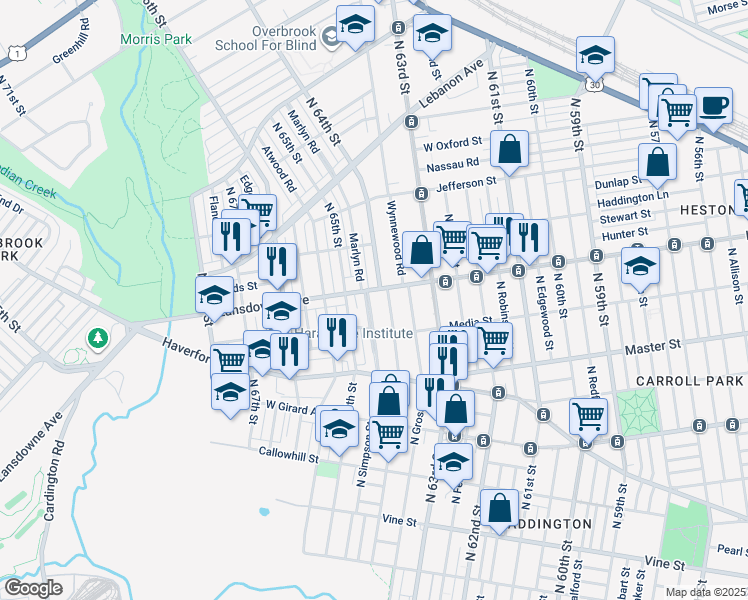 map of restaurants, bars, coffee shops, grocery stores, and more near 745 Marlyn Road in Philadelphia