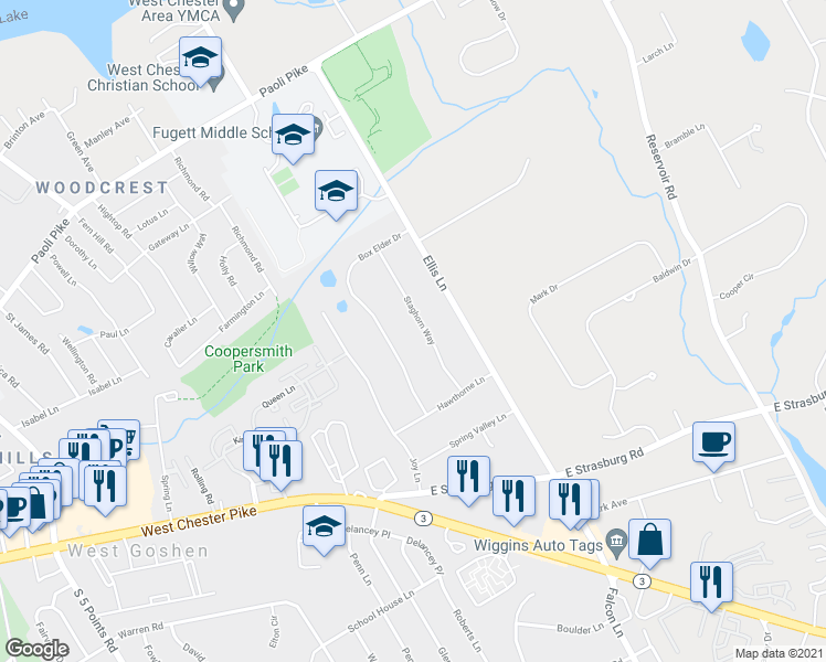map of restaurants, bars, coffee shops, grocery stores, and more near 320 Staghorn Way in West Chester