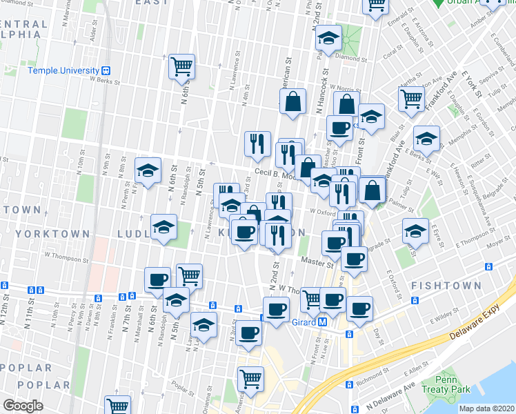 map of restaurants, bars, coffee shops, grocery stores, and more near 225 West Oxford Street in Philadelphia