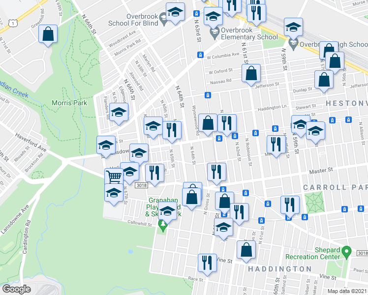map of restaurants, bars, coffee shops, grocery stores, and more near 745 Marlyn Road in Philadelphia