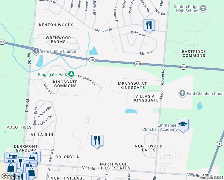 map of restaurants, bars, coffee shops, grocery stores, and more near 1486 Kingsgate Road in Springfield