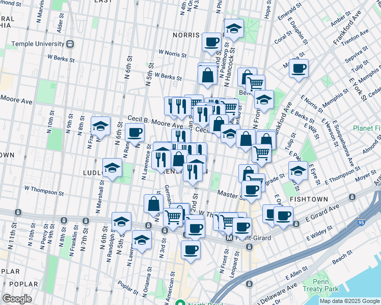 map of restaurants, bars, coffee shops, grocery stores, and more near 1535 North American Street in Philadelphia