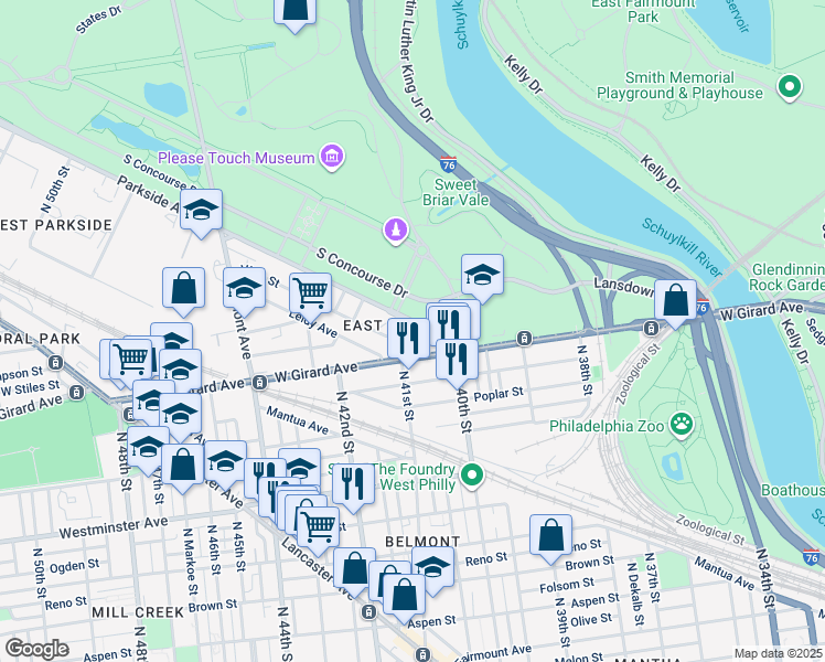 map of restaurants, bars, coffee shops, grocery stores, and more near 4056 Parkside Avenue in Philadelphia