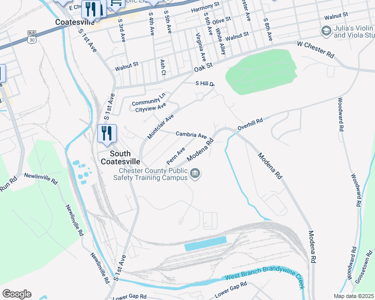 map of restaurants, bars, coffee shops, grocery stores, and more near 37 Penn Avenue in Coatesville