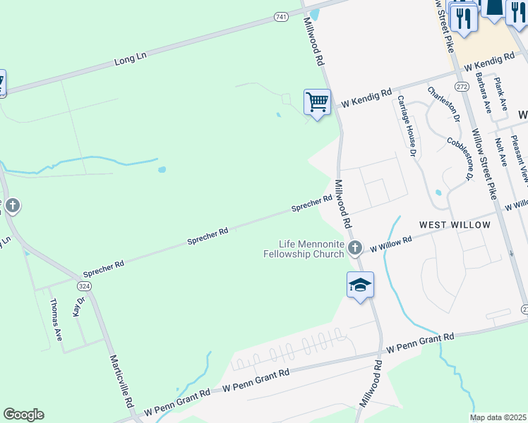 map of restaurants, bars, coffee shops, grocery stores, and more near 102 Sprecher Road in Willow Street