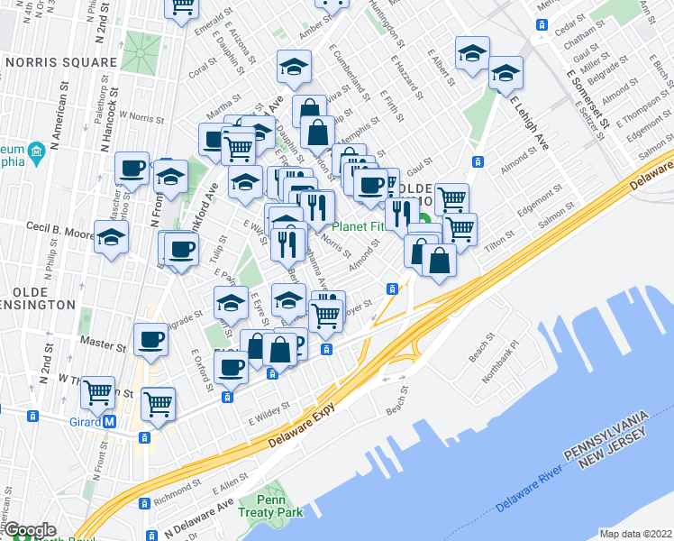 map of restaurants, bars, coffee shops, grocery stores, and more near 821 Almond Street in Philadelphia