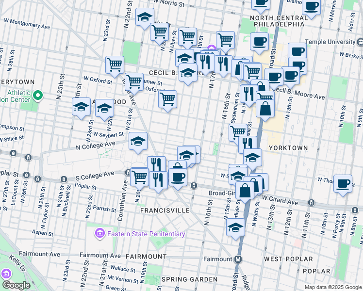 map of restaurants, bars, coffee shops, grocery stores, and more near 1312 North 18th Street in Philadelphia