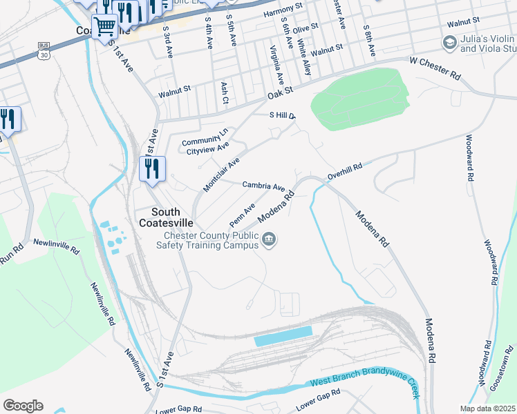 map of restaurants, bars, coffee shops, grocery stores, and more near 37 Penn Avenue in Coatesville