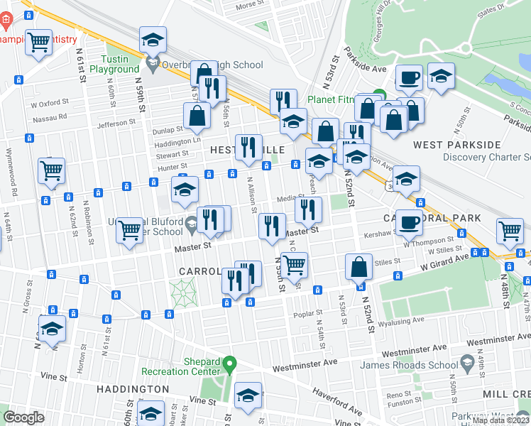 map of restaurants, bars, coffee shops, grocery stores, and more near 1445 North Vogdes Street in Philadelphia