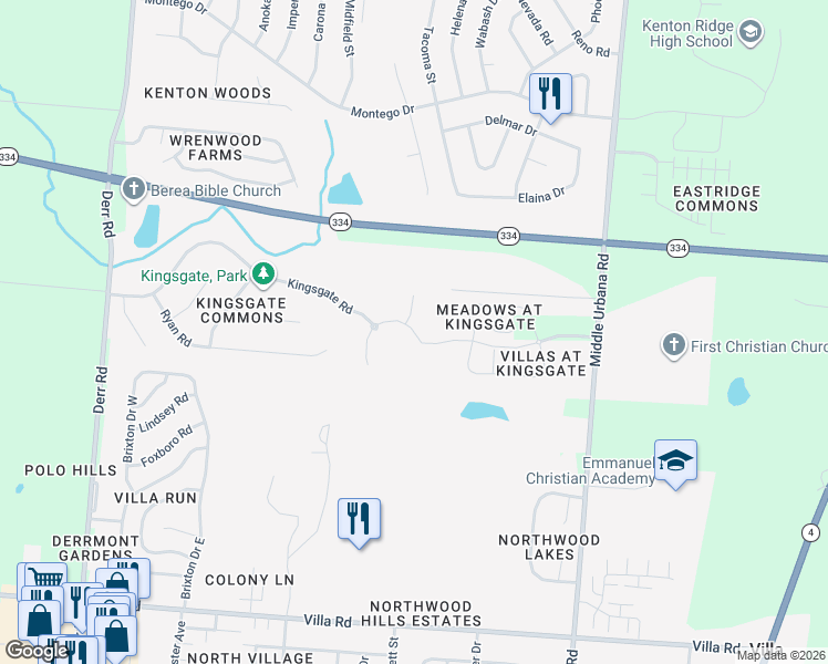 map of restaurants, bars, coffee shops, grocery stores, and more near 1486 Kingsgate Road in Springfield