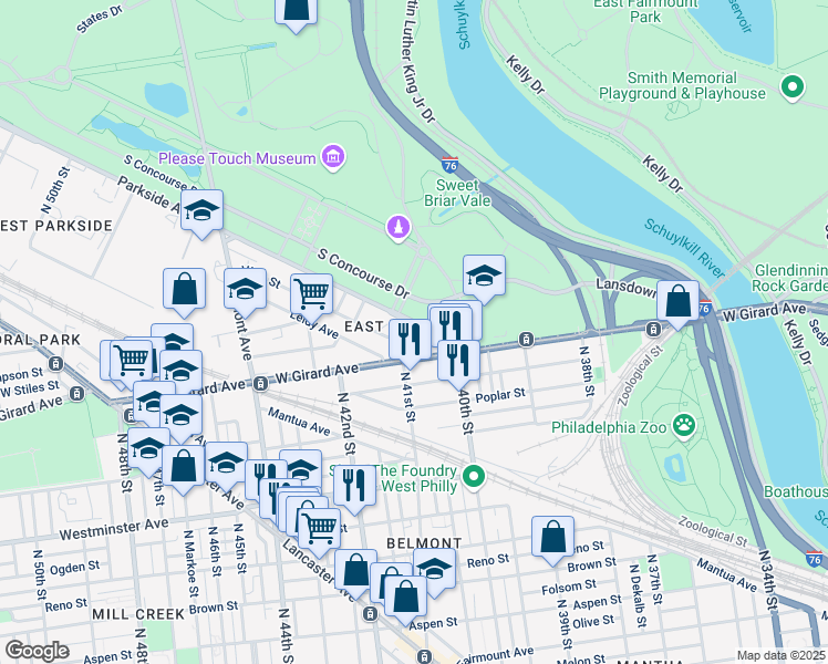 map of restaurants, bars, coffee shops, grocery stores, and more near 4056 Parkside Avenue in Philadelphia